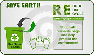 Save Earth, Reuse, Reduce, Recycle, eco friendly bag, Stop plastic pollution. Shop with reusable bags design