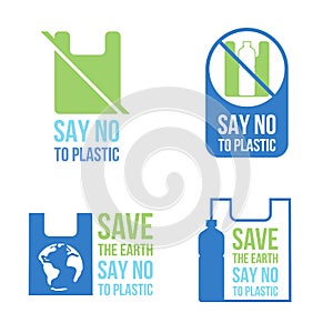 Save the earth Say no to plastic banner concept with plastic bag and plastic bottle sign vector set design