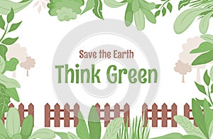 Save the Earth, think green poster design with text space. Eco-friendly, ecology protection banner flat vector concept.