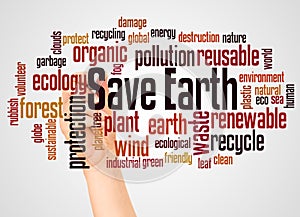 Save earth word cloud and hand with marker concept