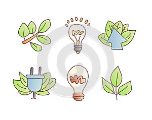 Save enegry vector cartoon icons. Green leaves with bulb, save the planet icon set. Electricity and green leaves eco