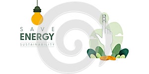 Save Energy concept. Hand turn off switch for energy saving. Vector Illustration