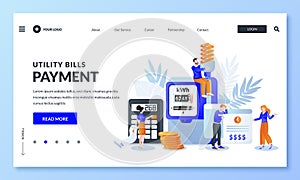 Save energy and pay utility bills concept. Vector illustration. Man and woman worried and stressed over bills