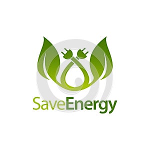 Save energy stem leaves with electric plug icon logo concept design template