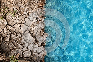 Save environment. Water on dry cracked land, top view