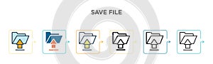 Save file vector icon in 6 different modern styles. Black, two colored save file icons designed in filled, outline, line and