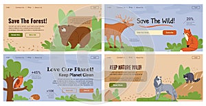Save forest animals concept at web banner set