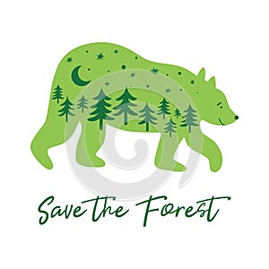 Save the forest concept with green bear, fir trees inside bear silhouette. Green forest animal Vector