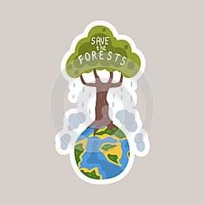 Save the forests tagline sticker cartoon vector illustration