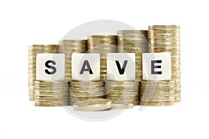 SAVE on gold coins on white background