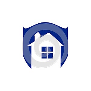 Save home logo house with window and chimney on the roof and shield symbol. Defense, security and real estate vector icon