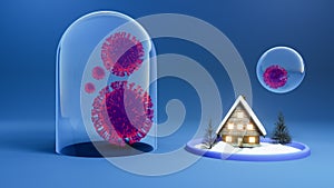 Save house from coronavirus Covid 19 virus. Stay home .  Coronavirus Covid 19 in dome glass. 3d rendering