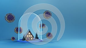 Save house from coronavirus Covid 19 virus. Stay home .House in dome glass with coronavirus Covid 19 . 3d rendering