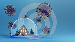 Save house from coronavirus Covid 19 virus. Stay home .House in dome glass with coronavirus Covid 19 . 3d rendering
