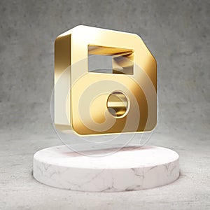 Save icon. Shiny golden Save symbol on white marble podium