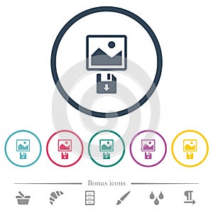 Save image to floppy disk flat color icons in round outlines