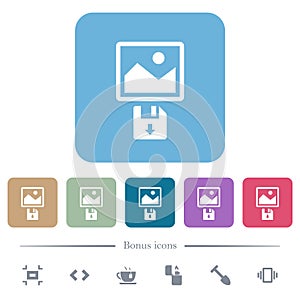 Save image to floppy disk flat icons on color rounded square backgrounds