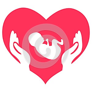 Save the life of a child. Hands on the background of the heart protect the newborn baby. Vector illustration