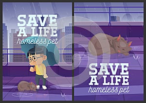 Save a life homeless pet cartoon posters design