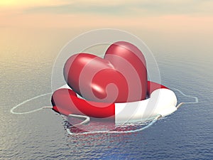 Save the Love concept - Red heart shape floating on a buoy on the ocean - 3D render