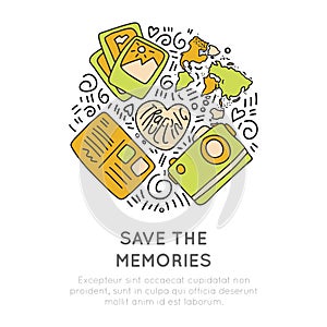 Save the memories travel icons. Concept icon design about travel, adventure and collect moments. Round icon travel