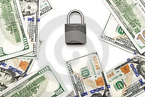 Save money. Dollar sign with padlock isolated on white. American money or us bill cash on white background.