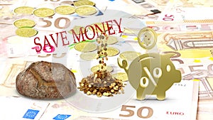 Save money economic crisic  on  gold and   euro  dollar inflation  coins money  busines finance background template copy space