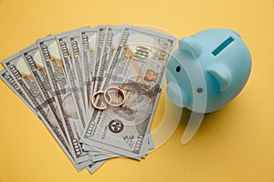 Save money for honeymoon, wedding trip. Blue piggy bank with rings on money banknotes on yellow background