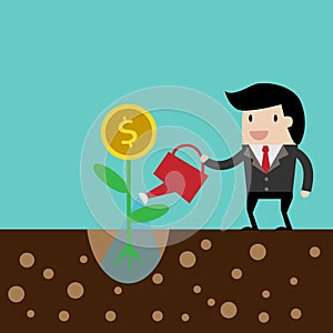 Save money for investment concept,cartoon businessman with money in his hand to save. cartoon illustration for business des