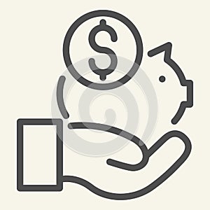 Save money line icon. Savings vector illustration isolated on white. Piggy bank in hand outline style design, designed