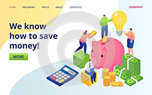 Save money service landing page flat vector illustration. Golden coins, dollars currency and piggy bank. Save money