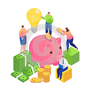 Save money service landing page flat vector illustration. Golden coins, dollars currency and piggy bank. Save money