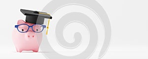 Save money to study abroad and education concept desgin of piggy bank wearing glasses and graduation cap with copy space 3D render