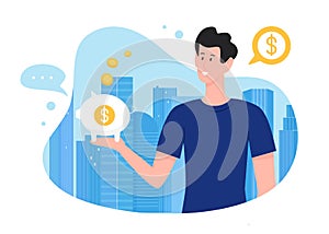 Save money vector illustration, cartoon flat happy man investor character holding moneybox piggy bank in hand, saving or