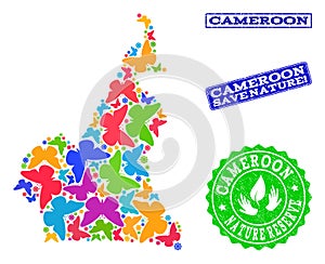 Save Nature Collage of Map of Cameroon with Butterflies and Grunge Seals