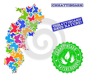 Save Nature Composition of Map of Chhattisgarh State with Butterflies and Grunge Watermarks