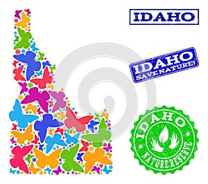 Save Nature Composition of Map of Idaho State with Butterflies and Distress Watermarks