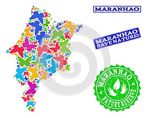 Save Nature Composition of Map of Maranhao State with Butterflies and Rubber Watermarks