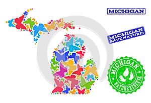 Save Nature Composition of Map of Michigan State with Butterflies and Textured Stamps