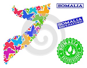 Save Nature Composition of Map of Somalia with Butterflies and Distress Watermarks