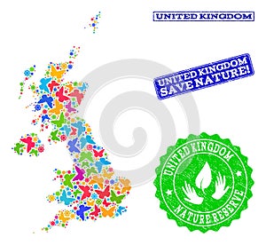 Save Nature Composition of Map of United Kingdom with Butterflies and Distress Watermarks