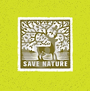 Save Nature. Deer With Tree Branches And Bird Vector Concept On Organic Background.