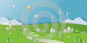 Save nature and environment conservation concept,eco friendly and green energy city on paper art background