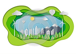 Save nature and environment conservation concept with green eco city,paper art landscape in depth layer background