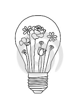 Save the nature lightbulb with flowers inside. line illustration