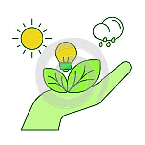 Save nature resource concept hand hold leaf light bulb sun rain white isolated background with green theme flat outline