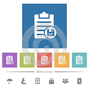 Save note flat white icons in square backgrounds