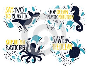 Save the Ocean. Ecology stickers collection  lettering. Plastic Free sea.