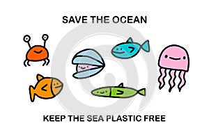 Save the ocean keep sea plastic free hand drawn vector illustration in cartoon comic style