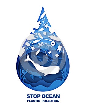Save ocean. Stop plastic pollution. Vector illustration in paper art style. Ocean environmental problem, ecology.